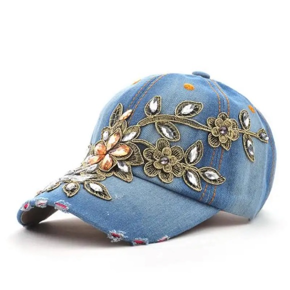 BeyouShop Accessories - Rustic denim boho crochet/embellished summer-baseball hat w shabby chic vibe